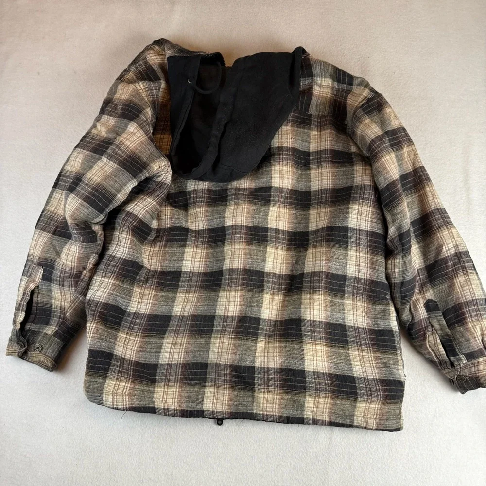 Craftsman Mens XL Hooded Plaid Flannel Jacket Quilted Lined Brown Black Workwear